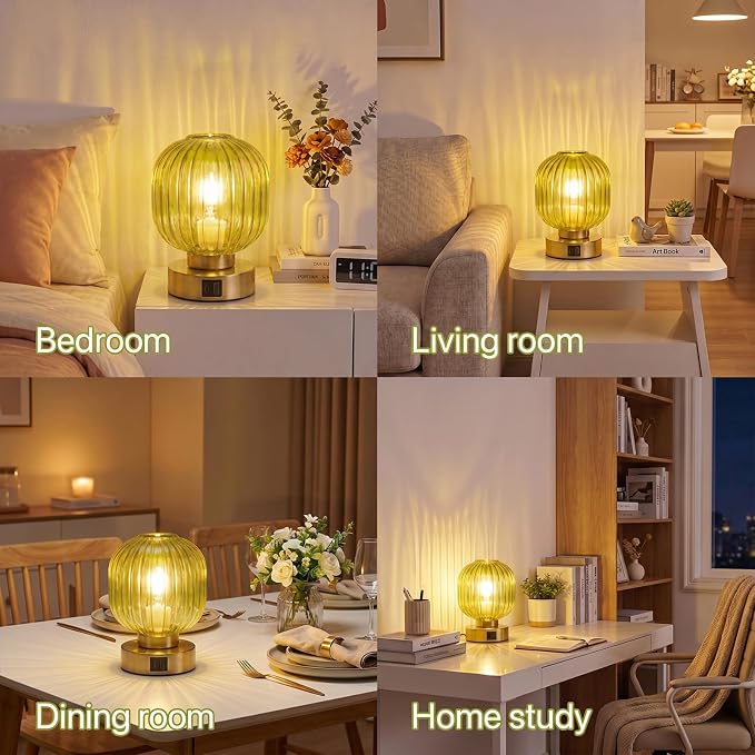 Elenhome Touch Small Table Lamp,Elegant Green Glass Bedside Lamp 3 Way Dimmable with USB C+A Charging Ports - Bedroom Nightstand & Living Room Essential, 4W Bulb Included (Green)