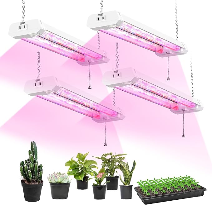 Hlite 4 Pack 16inch Adjustable Full Spectrum Plant Growing Lamps | Hanging Grow Light for Indoor Plants with Shade,Linkable Plug and Hanging with On/Off Switch, Seedling to Flowering
