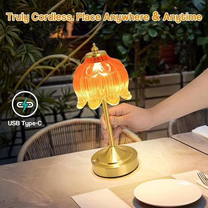 Cordless Table Lamp, Rechargeable Honey Glass Lotus Flower Lamp | 5200mAh touch lamp with 3 color modes and stepless dimming, battery operated lamp for nightstands and kitchen counters