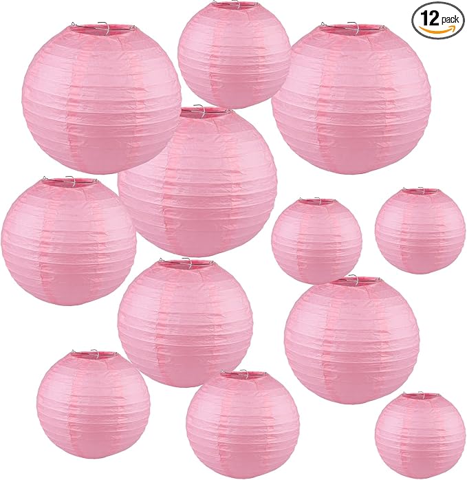 12Pcs 6,8,10,12 Inch Mixed Sizes Pink Paper Lanterns Decorative Chinese, Japanese Hanging Round Paper Lanterns Lamp for Birthday, Wedding, Christmas, Bridal, Home Decor, Party Decoration