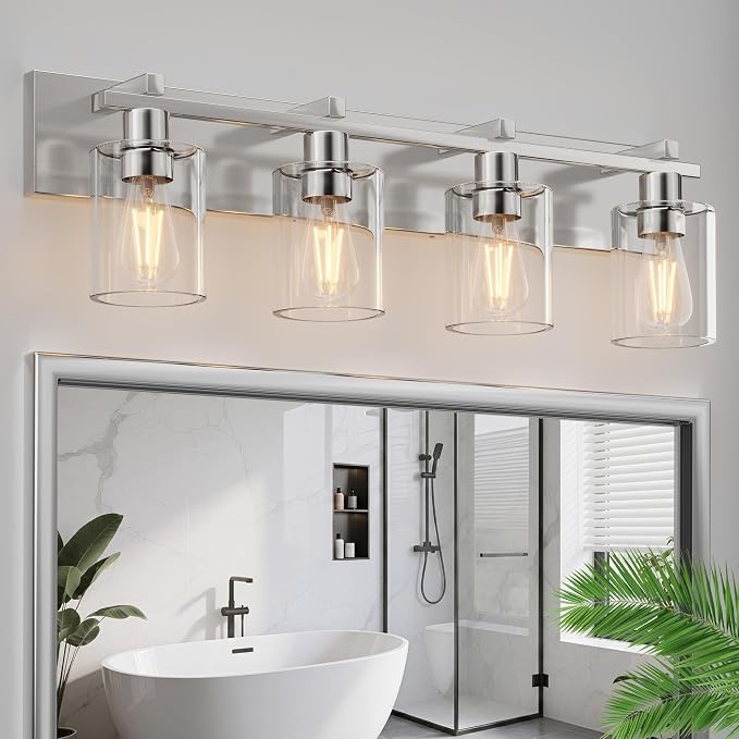 Bathroom Vanity Light,4 Light Nickel Light Fixture with Thickened Clear Glass Shade, 21 inch Dimmable Modern Wall Sconce, Bathrooms Vanity Light Over Mirror for Bathroom