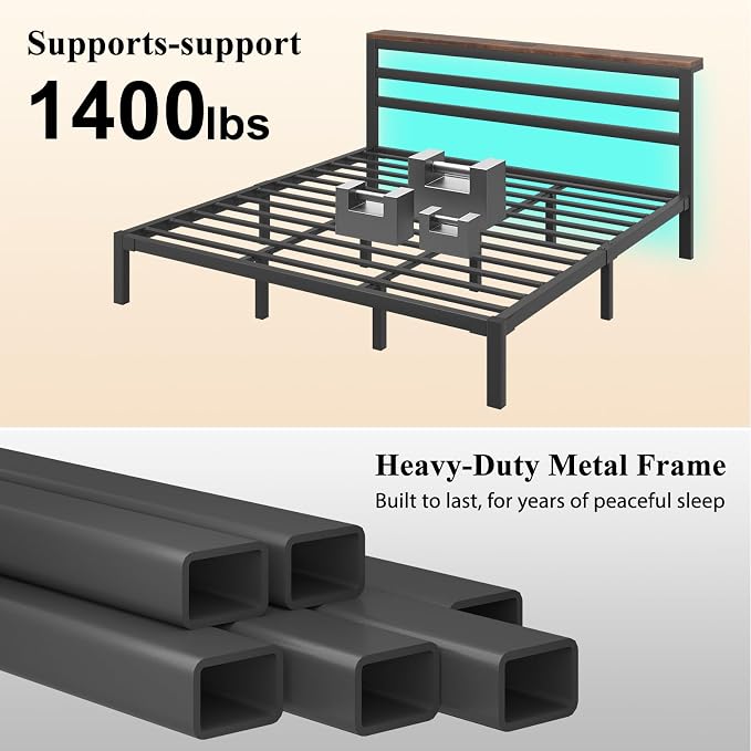 LOEWAY King Size Metal Bed Frame with Storage Headboard & LED Lights, Black | Built-In Charging Station, Under-Bed Storage, Heavy Duty Metal Slats, No Box Spring Needed, Solid and Stable, Easy Assembly