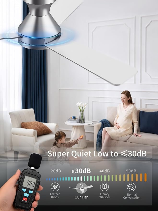LANMEL Metal Ceiling Fan with Lights and Remote, 42 Inch, Silver | Modern Low Profile Flush Mount, Reversible, 3CCT Dimmable, Quiet, LED, For Bedroom, Living Room, Indoor/Outdoor Patio Use