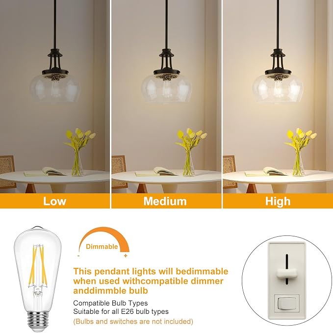 Modern Pendant Lights Kitchen Island, Matte Black Pendant Light Fixtures with 10" Clear Air Bubble Glass Shade, Industrial Hanging Pendant Lights Fixture for Kitchen Island Dining Room Entryway