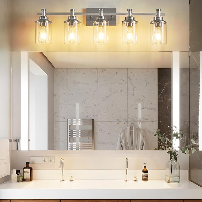 5 Lights Bathroom Light Fixtures, Brushed Nickel Vanity Light with Clear Glass Shade,Modern Wall Sconce for Mirror Bedroom Hallway Farmhouse Kitchen
