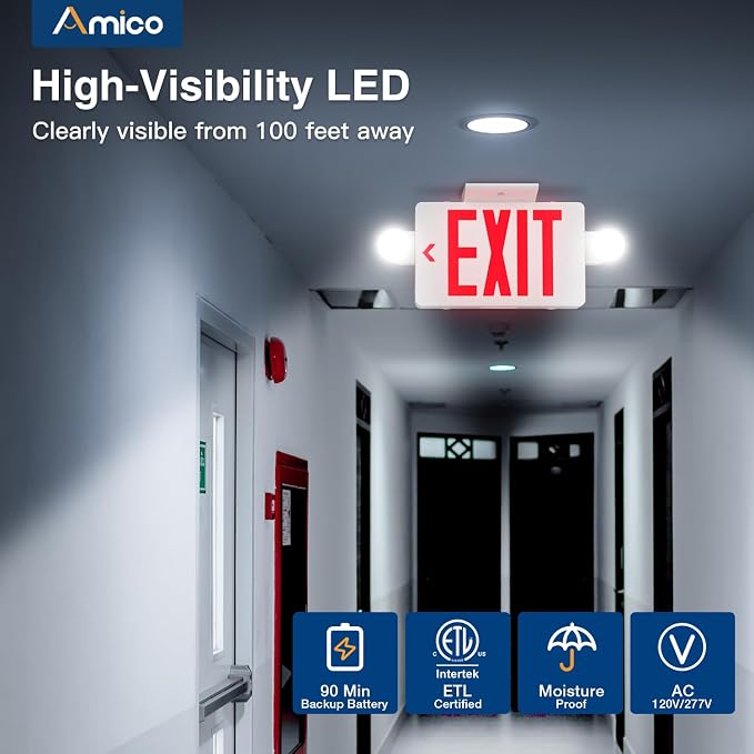 Amico 18 Pack Red Exit Sign with Multi-Angle LED Emergency Lights | ETL Listed, Wall & Ceiling Dual Mount, Hard Wired 120/277V AC, 90 Min Backup, 94V-0 Fire Resistant Plastic Housing