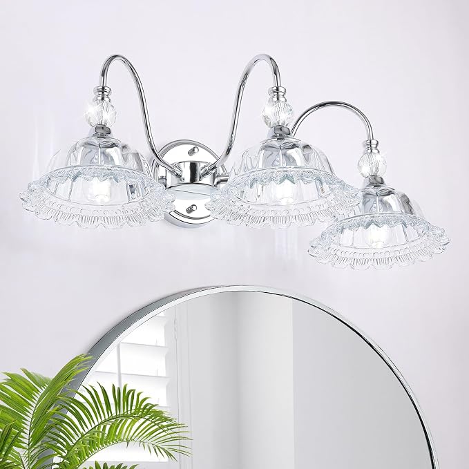 Chrome Bathroom Vanity Light Fixtures 3 Lights Vanity Lights for Bathroom with Floral Crystal Glass Shade Modern Wall Sconce Light for Mirror(Exclude E26 Bulb)