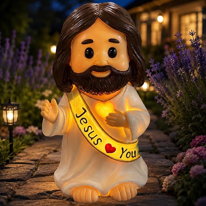 YDKOJGW Solar Garden Outdoor Statues with Succulent and 7 LED Lights - Lawn Decor Tortoise Statue for Patio, Balcony, Yard Ornament - Unique Housewarming Gifts (Multicolor-Jesus)