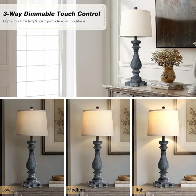 29" Tall Farmhouse Table Lamp for Living Room Set of 2,Vintage Retro Nightstand Lamps with USB C+A Ports & AC Outlet,3-Way Dimmable Touch Bedside Lamp for Bedroom Side Table,Distressed Black