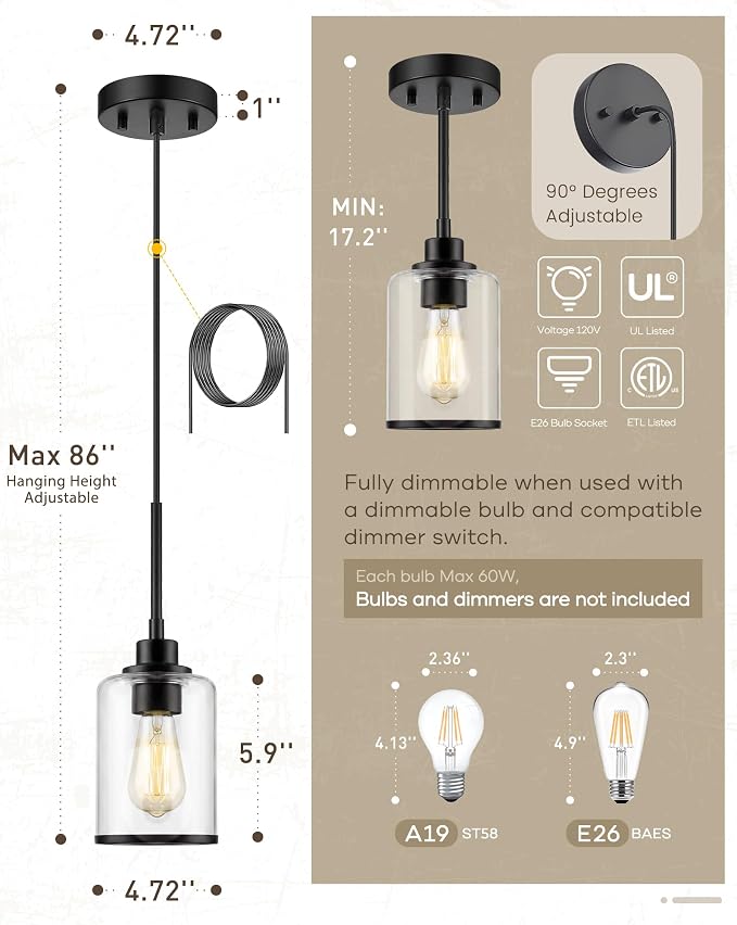 Beionxii 3 Pack Pendant Lights Kitchen Island, Clear Glass Pendant Lights | Matte Black Finish, E26 Base, UL Listied, Adjustable Hanging Height for Living Dining Rooms Bedrooms Foyers, BX-PL02MB-3CG