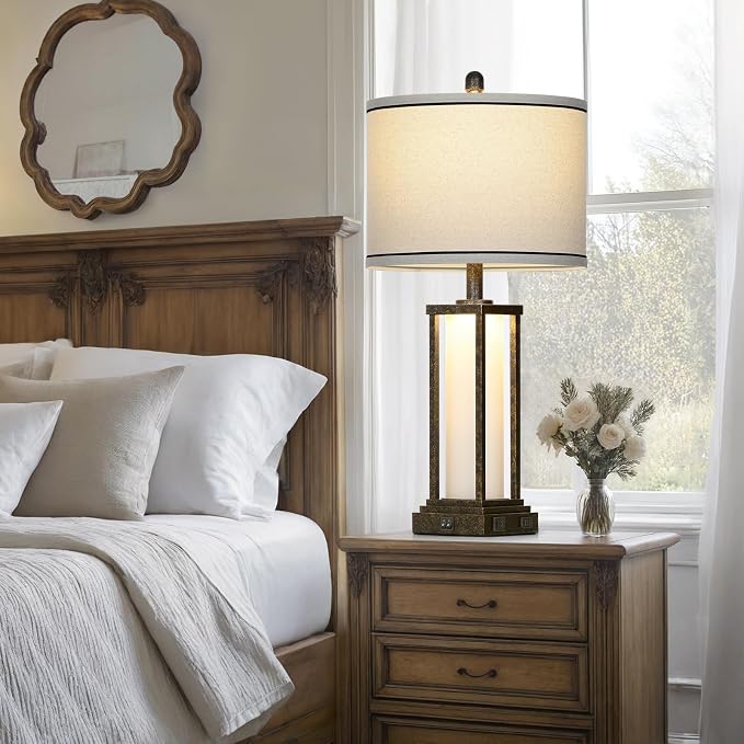 27" Tall Vintage Table Lamp with USB C+A & Outlet,Bronze Industrial End Table Lamp for Living Room,Farmhouse Rustic Bedside Lamp with Frosted Glass Night Light for Bedroom Nightstand,Bronze-1P