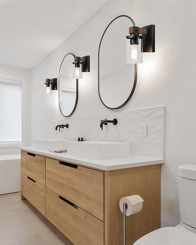 1-Light Wall Sconces Set of 2, Farmhouse Bathroom Vanity Light Fixtures, Wood Grain Black Wall Mount Light with Clear Glass Shade for Living Room Hallway Bedroom, ETL Listed