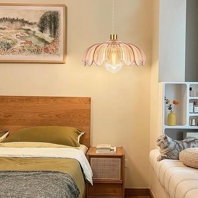 Plug in Pendant Light Hanging Lights with in Cord Mid Century Modern Gold Hanging Lamp Flower Glass Amber Vintage Dimmable Chandelier Ceiling Fixture for Living Room,Kitchen,Boho