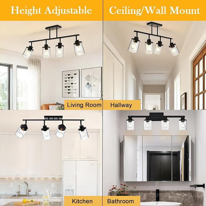 Yaohong 4-Light Black Farmhouse Track Lighting Fixtures Ceiling, Bathroom Track Lighting Kit Wall Light with Ajustable Heads, Kitchen Track Lighting Fixtures with Glass Shade for Hallway Shop
