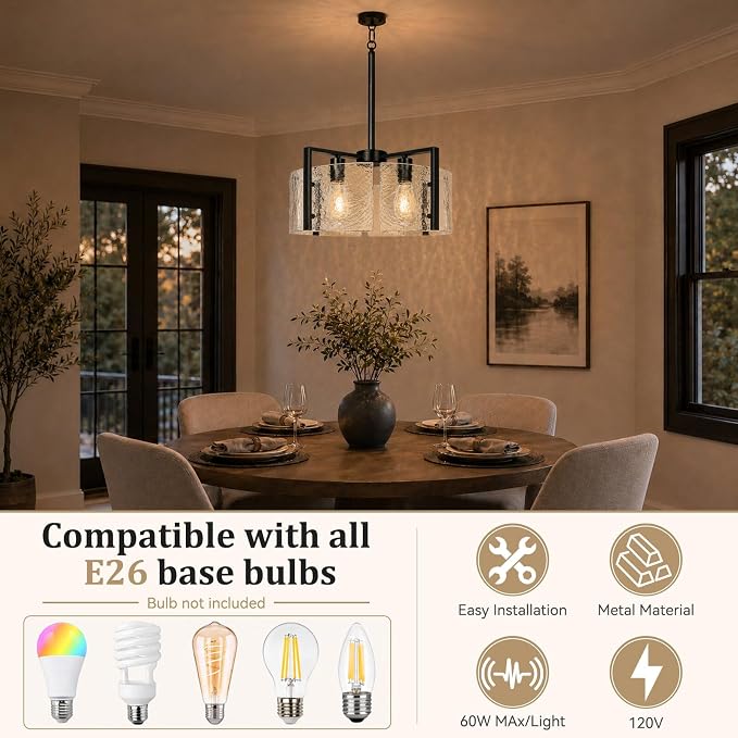 17.7 Inch Black Chandeliers for Dining Room, Adjustable Height | 4-Light Modern Farmhouse Entryway Light Fixture, Glass pendant Lights for Kitchen Island Foyer Bedroom Bathroom