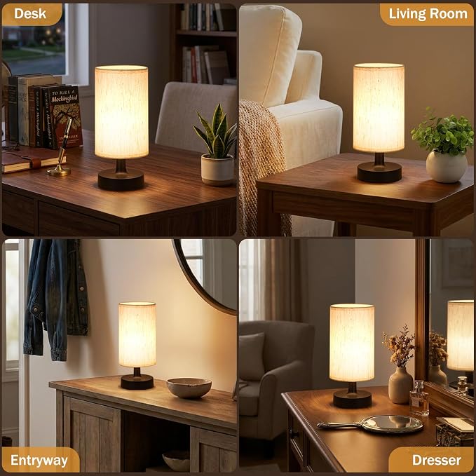 Kakanuo Small Cordless Table Lamp with Rechargeable Battery, Black, 1 Pack | Touch Stepless Dimming, 3000K Warm Light, Beige Fabric Shade, 30H at Full Brightness, for Bedside, Bedroom and Living room