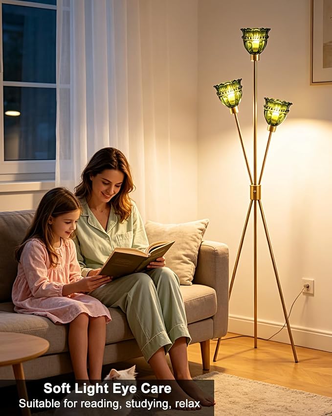 3-Light Tripod Glass Floor Lamp, Gold Standing Lamp with Green Tulip Lace Glass Shade, Rotary Dimmable LED Floor Lamp for Living Room Bedroom Home Office Sofa Beside Corner Decor, Bulb Included