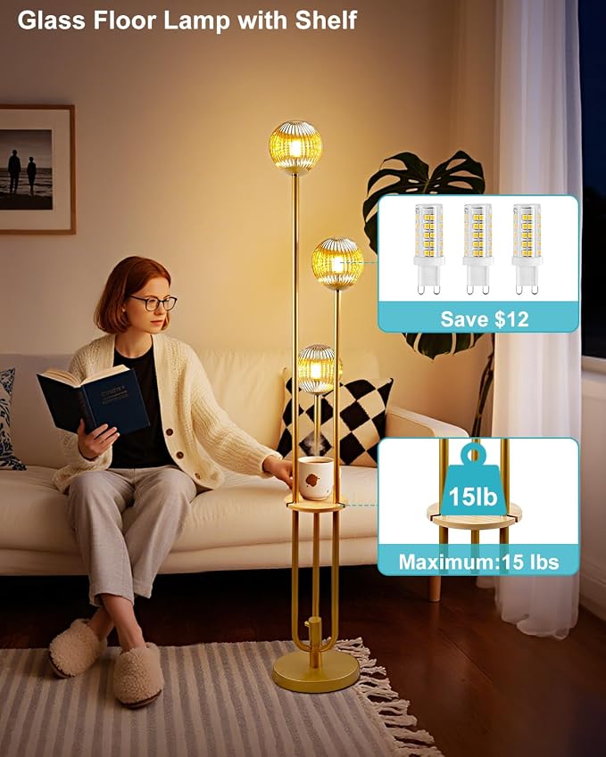 Lightdot Amber Glass Floor Lamp with Shelf 63IN Dimmable Mid Century Modern Gold Standing Lamps 3000K Bulbs Included Globe Floor Lamp with 5Lbs Heavy Base for Living Room/Wedding/Sofa Beside/Corner