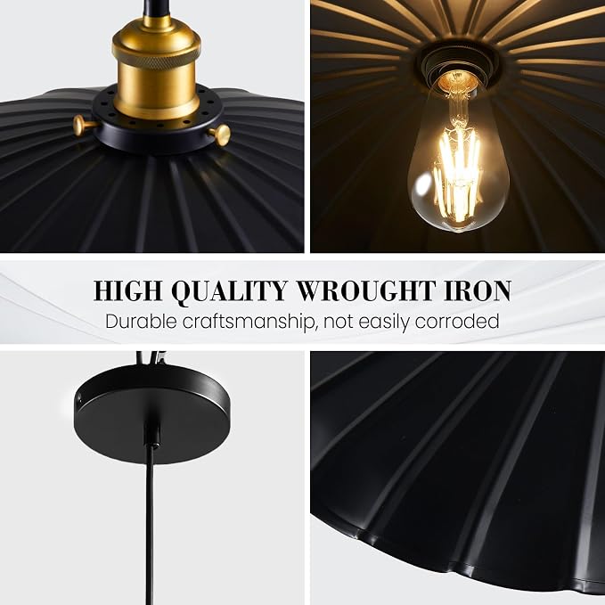 2Pack Kitchen Hanging Lights, Black Hanging Light 13.8 Inch Metal Scalloped Lampshade Farmhouse Pendant Lights Kitchen Island Vintage Pendant Light for Bedroom Bar Sofa