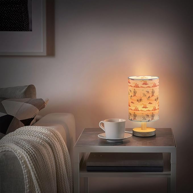 Table Lamp Vintage Desert Sunset Pattern Cactus Mountain Cowboy Horse Turkey Nightstand Lamp with Wood Base Fabric Lamp Shade Bedside Desk Lamp for Living Room Bedroom Kids Room Office