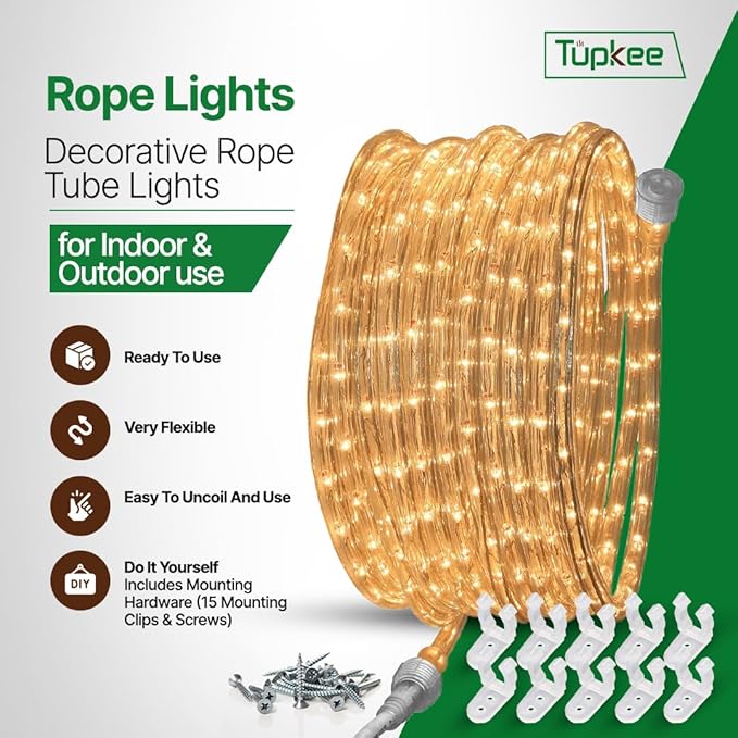 Tupkee Incandescent Rope Light Clear - 24 Feet (7.3 m), for Indoor and Outdoor use - 10MM Diameter - 288 Clear Warm Incandescent Long Life Bulbs Decorative Rope Tube Lights