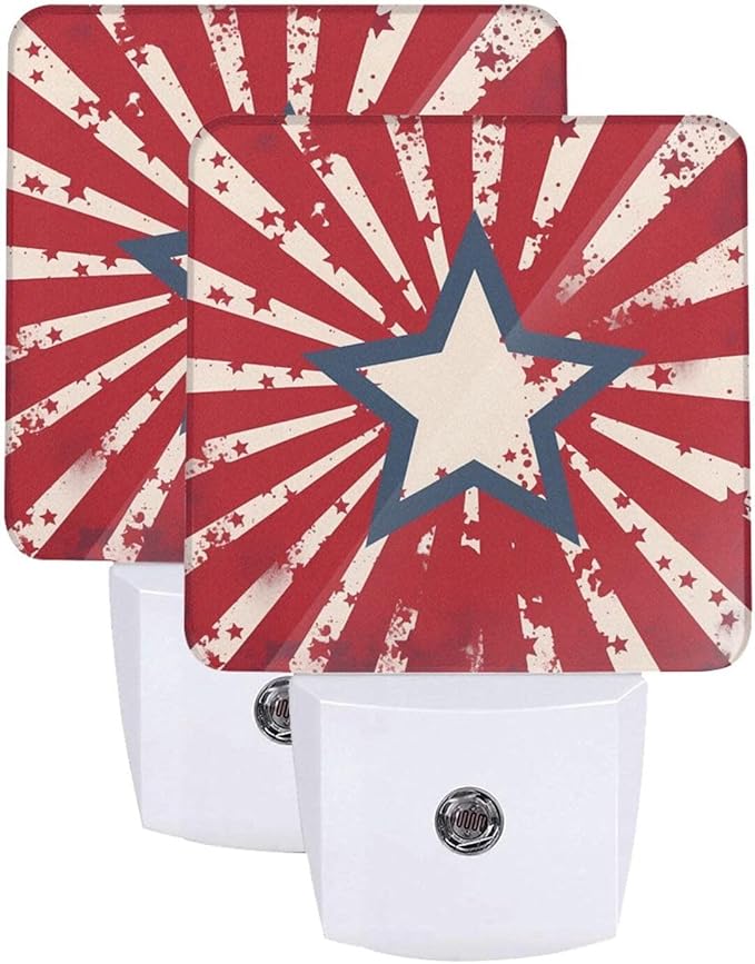 American Stars Night Light Set of 2, USA Flag Auto Sensor LED Dusk-to-Dawn Nightlights, Plug-in Sensor Lamp for Bedroom Bathroom Kitchen Hallway Stairs Decorative