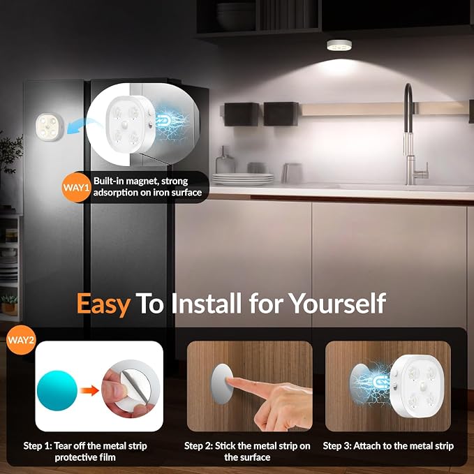 Under Cabinet Lighting, 1500mAh Rechargeable Motion Sensor Puck Lights with Remote, 3 Color Temper, Magnetic Stick on Light, Dimmable Under Counter Lights for Kitchen, Shelf, Stair(6P)