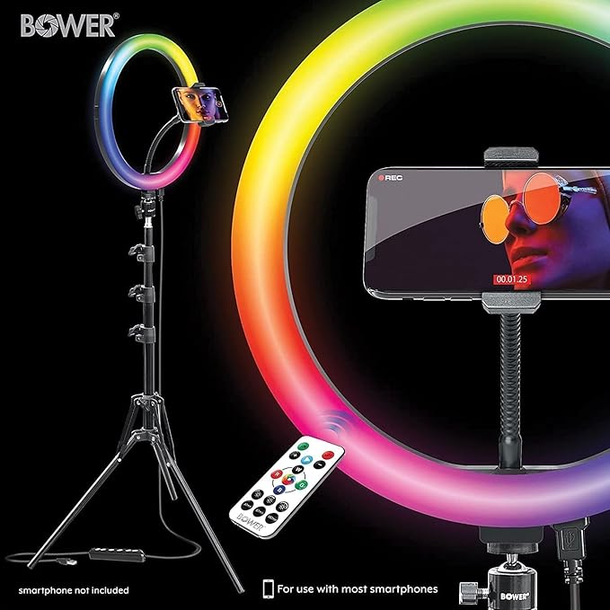 Bower 12-inch Led Selfie Ring Light Studio - Adjustable Brightness, 9 RGB and 3 White Light Modes, 7 Special Effects, with Tripod and Wireless Remote for Professional Photos and Videos