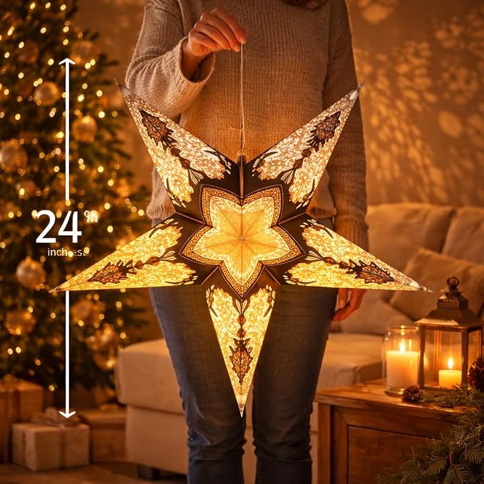 Lantern Lampshade Paper Star Light Shades Large 60cm Hanging Decorations for Christmas Wedding Home Decoration Birthday Party Foldable 5 Pointed Star (Glitter Black, Golden, Brown)
