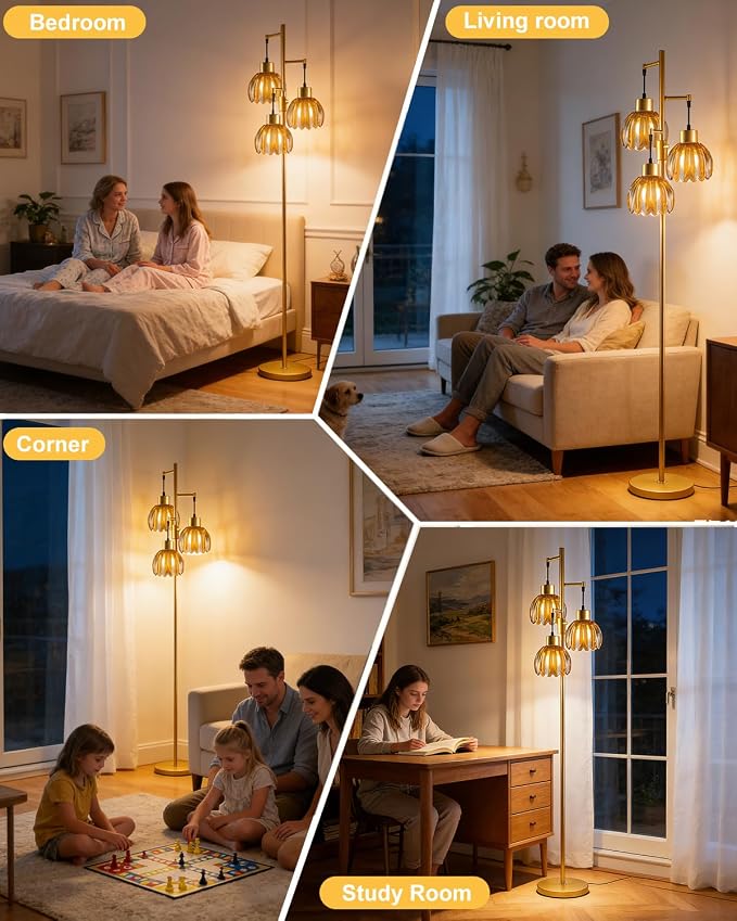 Lightdot 65'' Glass Floor Lamp Dimmable Gold with Brown Lotus Glass Shade & 3000K Bulbs Included 3-Lights Modern Tall Standing Lamp with 5Lbs Heavy Base for Living Room/Bedroom/Sofa/Corner Decor