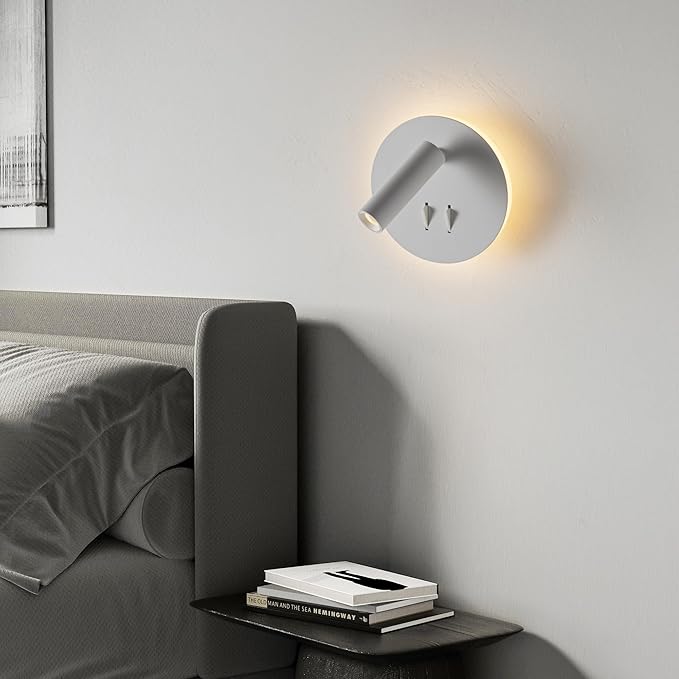 Modern Minimalist LED Wall Sconce,Hardwired 2-Light Reading Backlight,Dual Light Control (3W/240lm+6W/480lm), Swing Arm Wall Light Fixtures for Bedroom/Bedside(White)