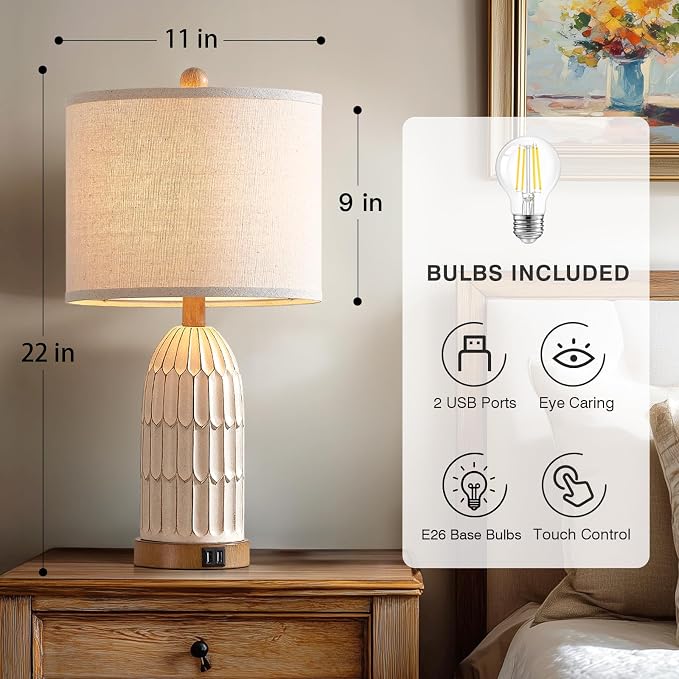Touch Table Lamp for Bedroom Nightstand, Cream Farmhouse Vintage Rustic 3-Way Dimmable Bedside Lamps with 2 USB Charging Ports,Single Cream