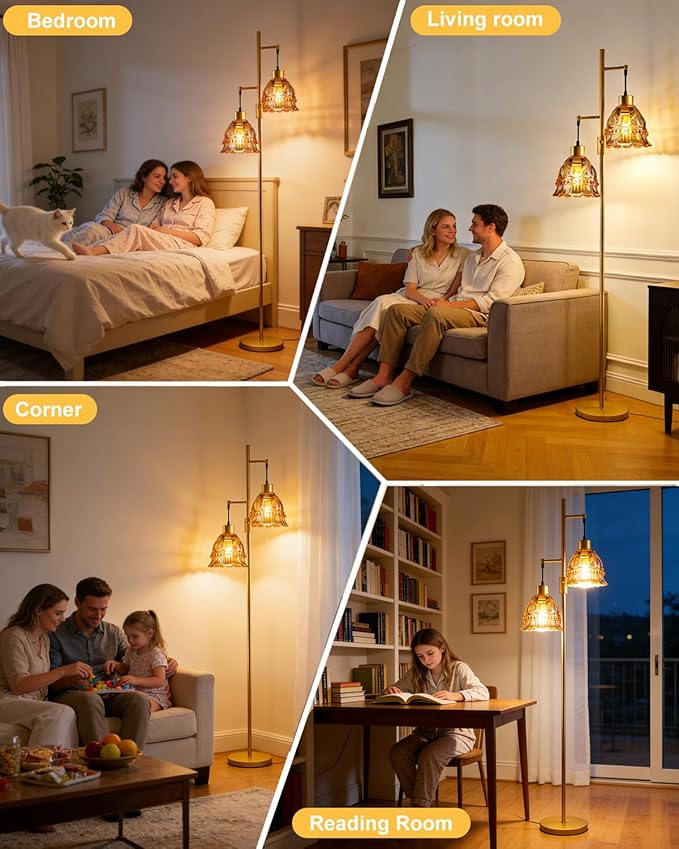 Lightdot 65IN Glass Floor Lamp for Living Room, 2- Light Gold Flower Floor Lamps with Brown Glass Lampshade, 3000K Warm White Modern Standing Tall Lamp for Bedroom Corner