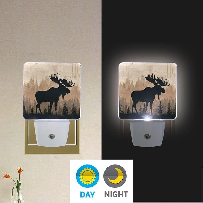 Moose Brown Wood Night Light Dusk to Dawn Sensor LED Night Dimmable Nightlight Lights Plug into Wall for Living Room