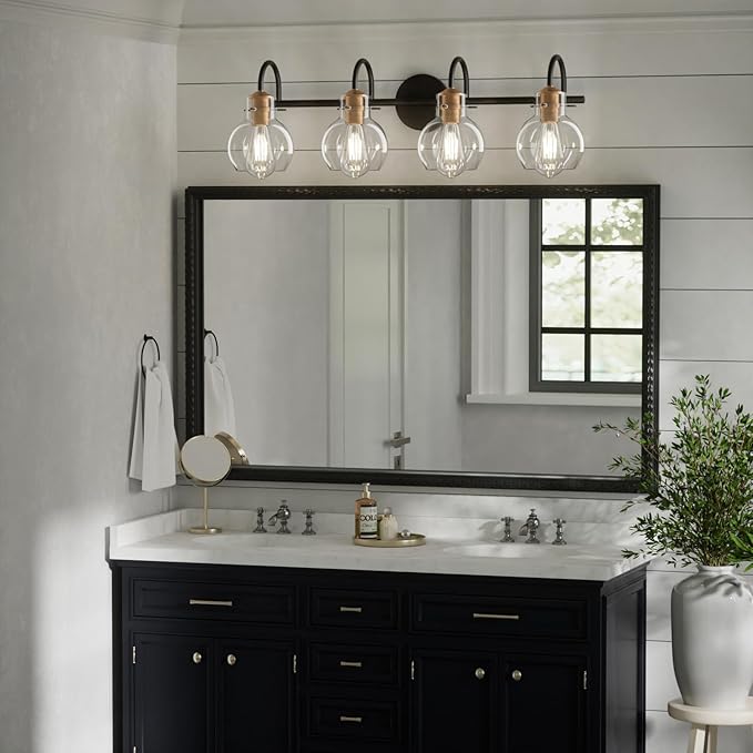 4 Light Bathroom Light, Black and Red Copper Bathroom Vanity Fixtures Over Mirror, Modern Copper Vanity Light with Clear Glass Shade, Black Wall Sconce for Bathroom, Bedroom