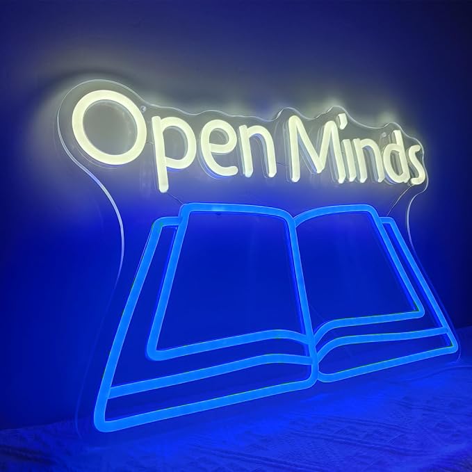 Books Open Minds Neon Sign LED Letter Lights Dimmable USB Powered Wall Decor for Classroom Library Reading Nook Teacher Student Book Lover Gift (16.5x10.6in)