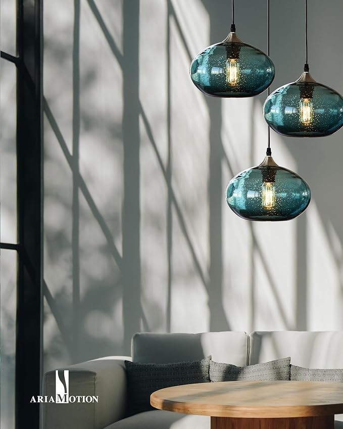 ARIAMOTION Pendant Lighting for Kitchen Island Blue Glass Modern Hanging Light Fixtures Seeded Bubble Over Sink 9.4 Inch Diam