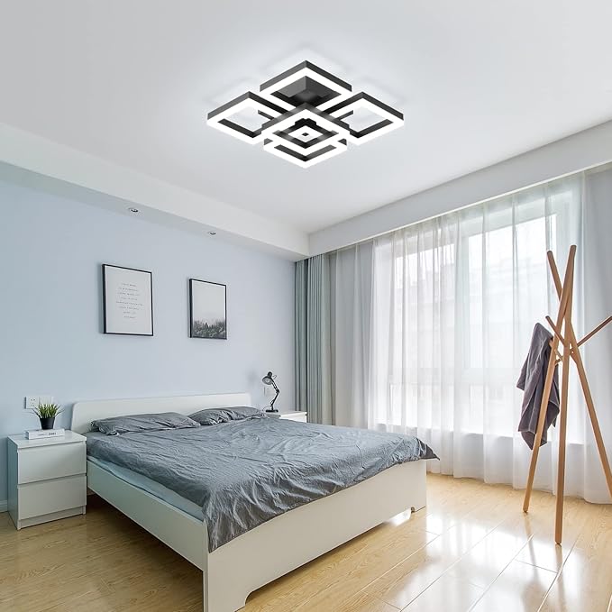 GEADI Modern 5-Square LED Ceiling Light, 64W Black Flush Mount | Dimmable Ceiling Lamp with Remote Control, 3000K-6500K, 17.7in Acrylic Chandelier for Living Room, Bedroom and Office
