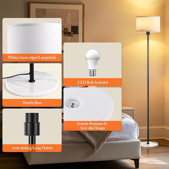 63" Black Floor Lamps for Living Room, Standing Lamp with Marble Base | Tall Pole Light with White Linen Shade, Modern Floor Lamp for Bedroom Reading Office Corner Nursery, Bulb Included