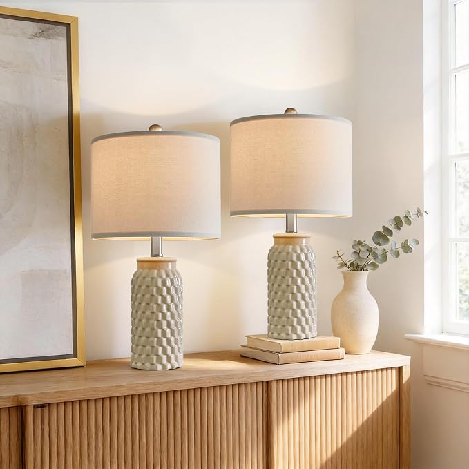 USumkky 20.5" Ceramic Table Lamps Set of 2 - Modern Farmhouse & Boho Style, Bedside Nightstand Lamps for Bedroom, Living Room End Table Lamps, Small Desk Lamp(Cream)