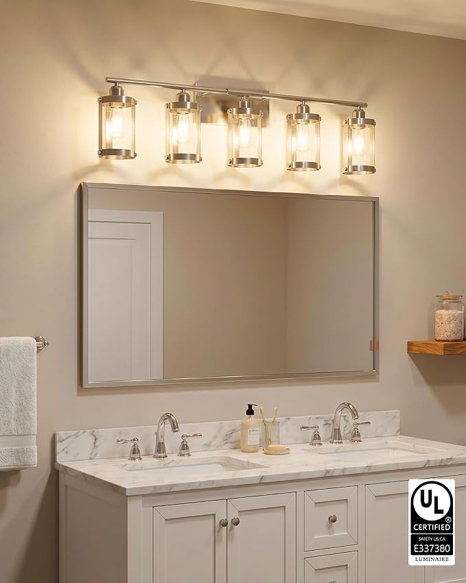 5-Light Brushed Nickel Bathroom Light Fixtures Over Mirror with Clear Glass and Metal Cage Shade, 38" UL-Listed Modern Farmhouse Wall Sconce for Bath, Hardwire E26, OS-3014BN-5W