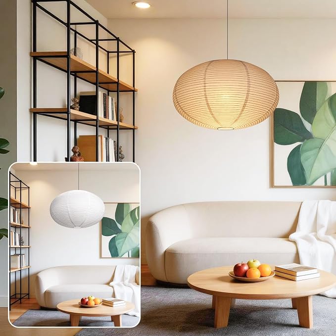 White Paper Lantern, 20-inch Flat Round Lamp Shade | Japanese Style Handmade Hanging Pendant Light Shade for Bedroom, Party and Home Decoration Lighting