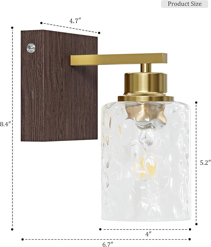 Hammered Glass Battery Operated Wall Sconces Set of Two Gold & Walnut | Dimmable Rechargeable Wall Lights with Remote Timer, Easy Install Lamp for Living Room Bedroom, Emergency 3000K