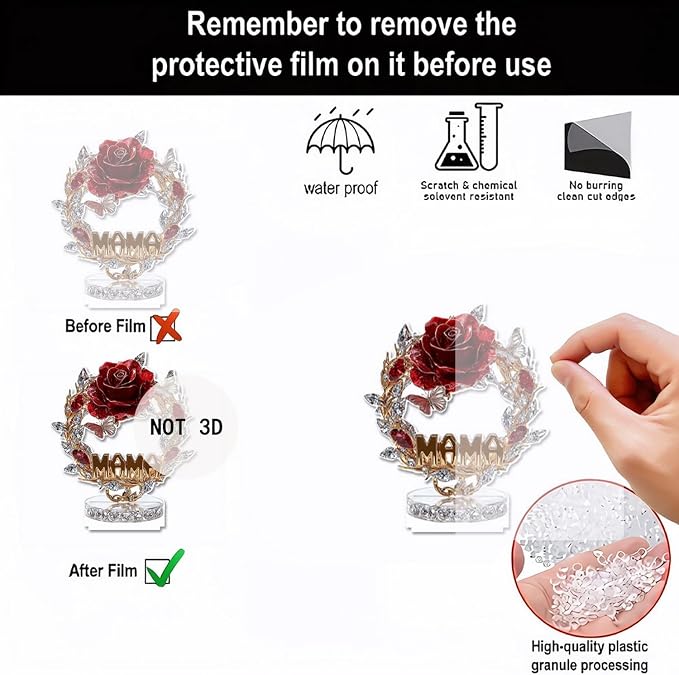 Mother's Day Decor Rose Flower Ornaments 2D Acrylic Desktop Ornament Rhinestones Butterfly Designs DIY Crafts Decoration Gift Mothers Day Flat Ornament for Home Tabletop Decor