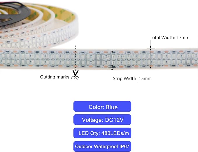 Outdoor 12V Blue LED Strip Lights 16.4ft Double Row Waterproof IP67 | SMD 2835 2400 LEDs Super Bright Dimmable Flexible Tape Lights for Outdoor, Truck, RV, and Boat Lighting