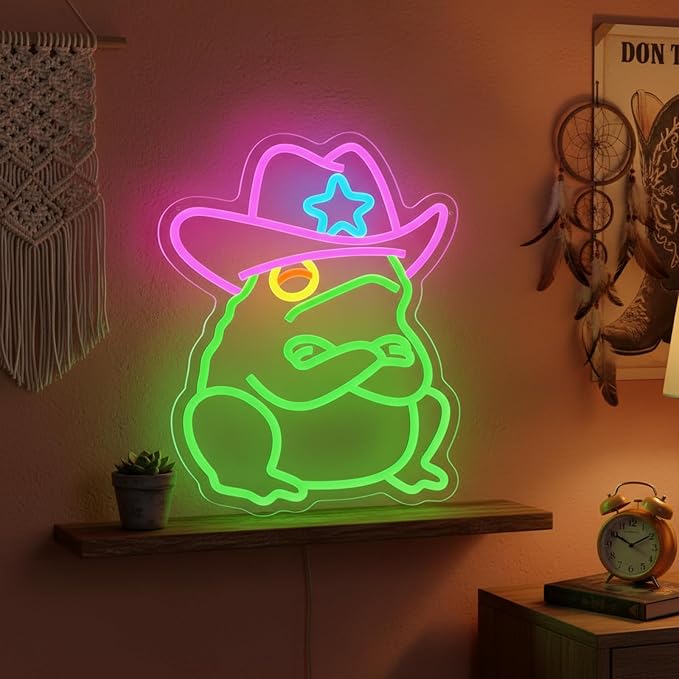Cowboy Frog Neon Sign Green Toad LED Light Wall Decor for Man Cave Room | Dimmable Western Cowboy Toad Neon Sign Funny Decor for Frog and Toad Lover Gaming Room Bedroom Pub Bar Unique Gift Idea