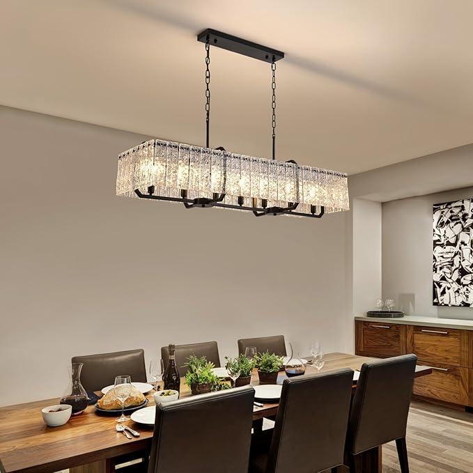 CROSSIO Rectangle Black Crystal Chandeliers for Dining Room, 47inch Large Rectangular Water Ripple Glass Island Light Fixture, Luxury Rectangular Chandelier for Kitchen Island Living Room