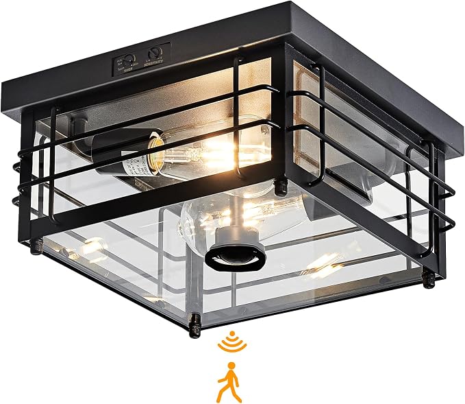 Yisuro Outdoor Ceiling Light with Motion Sensor, Dusk to Dawn Flush Mount Ceiling Light, Adjustable Timer & Sensitivity, Exterior Porch Light Fixture for Front Door, Patio, Garage, Square, Black