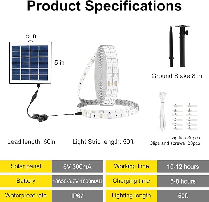 50ft RGBCW Outdoor Led Strip Lights Waterproof, Solar Led Strip Lights Outdoor with Self-Adhesive, Auto On/Off 16 Colors and 4 Modes with Remote Timer Great for Patio, Pathway Decor