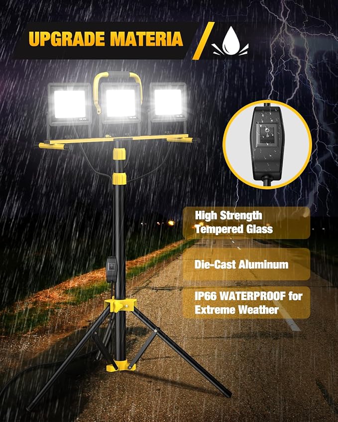 Upgraded LED Work Lights with Stand, 21000 Lumen, 3-Head Adjustable Work Light, Waterproof Foldable Tripod, Extended Cord for Outdoor & Indoor Job Sites, Workshops, Construction, Garage Lighting
